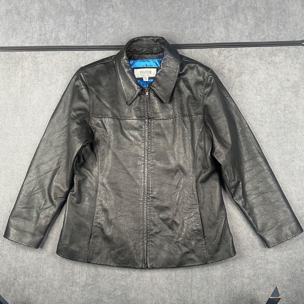 Wilsons Leather Maxima Black Leather Jacket XL Blue Lining Full Zip Vintage